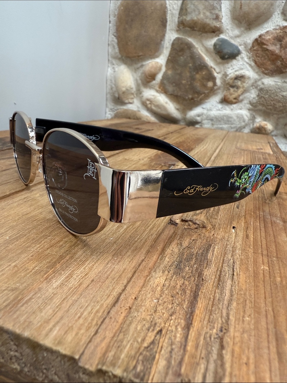 NWT Ed Hardy Gold and Black Sunglasses with Colorful Temple Art